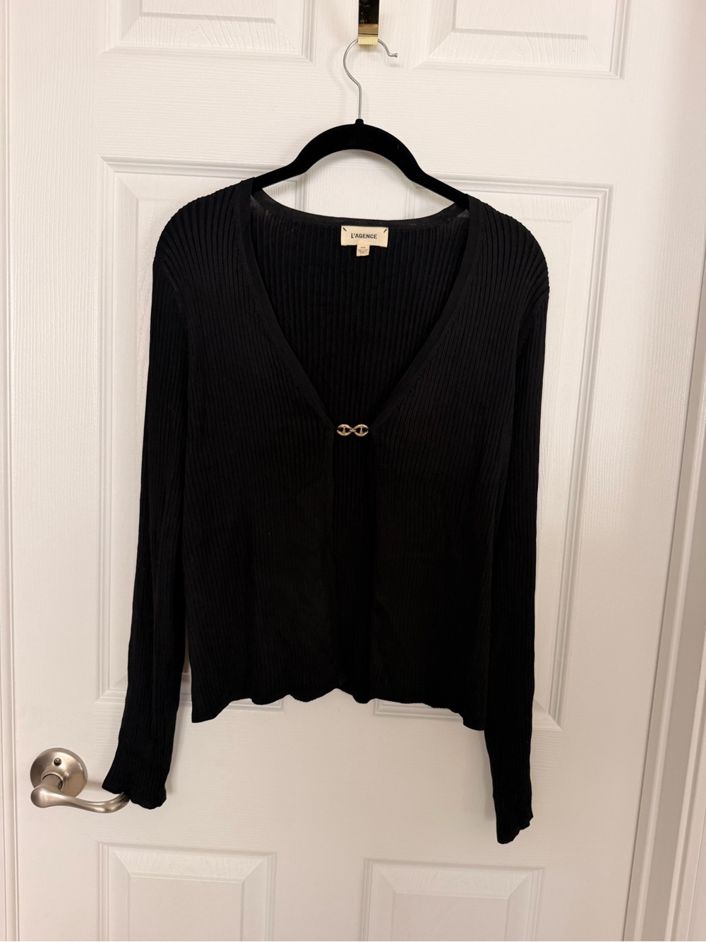 L'AGENCE Black Ribbed V-Neck Cardigan with Gold Accent